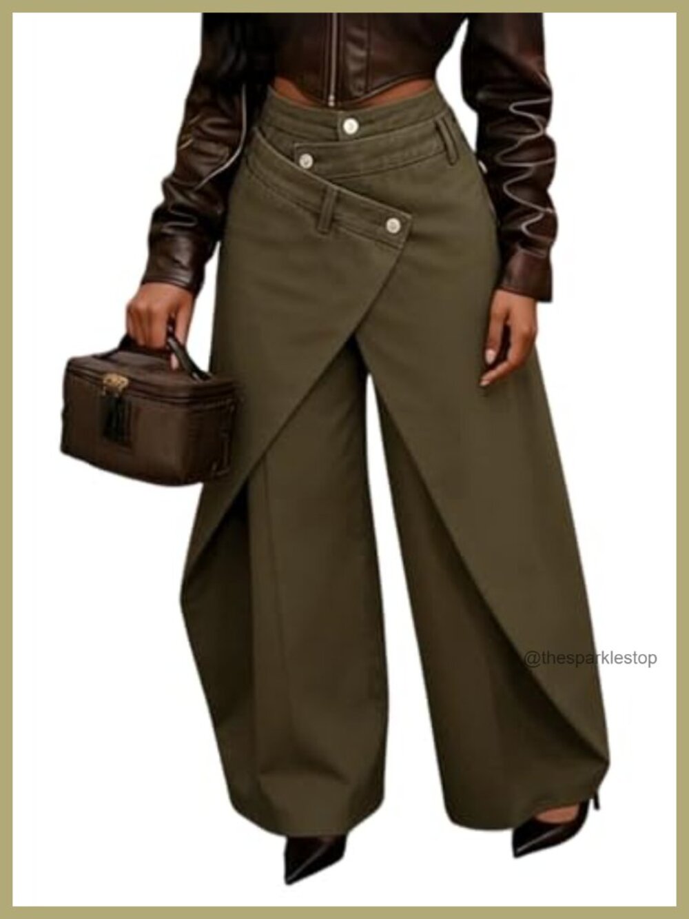 High Waisted Wide Leg Asymmetrical Pants Wrap Trousers Polyester Elastane